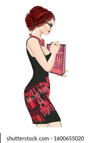 Sad woman standing with opened gift bag isolated on a white background - vector illustration
