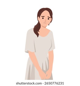 Sad Woman Standing in a Pale Dress. Flat vector illustration isolated on white background