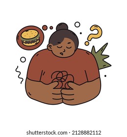 Sad woman with stomach ache. Fast-food or healthy food concept. Choosing the Right Nutrition.  Refusal of sweet and junk food. Flat style in vector illustration. Isolated element.