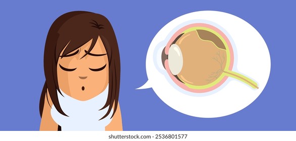 Mulher triste sofrendo ilustração vetorial de descolamento da retina. Olho de seção transversal mostrando problema de visão na retina