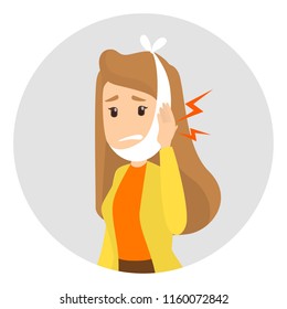 Sad woman suffering from a strong toothache. Patient touching cheeck and feel the pain. Isolated vector illustration in cartoon style