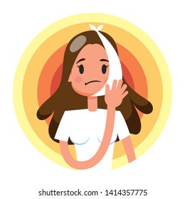 Sad woman suffering from a strong toothache. Patient touching her cheeck and feel the pain. Isolated vector illustration in cartoon style