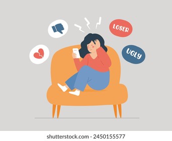 Sad woman suffers from abuse, and mockery on the internet. Teenage girl victim of cyberbullying and scorn on social media, checks her mobile and reads insults. Cyber bullying Concept. Vector stock