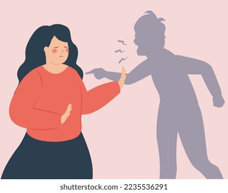 Sad woman suffers from bullying and defends herself from an abuser. Victim gets abused and blamed by someone who points a finger on her. Stop violence, abuse and hate against women.