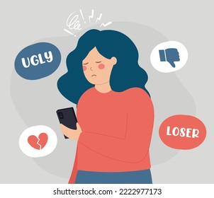 Sad woman suffers from bullying, scorn and contempt on the internet. Peers engage in bullying behavior towards a teenage girl. Cyberbullying and bad influence on social media concept. 