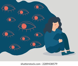 Sad woman surrounded by big evil eyes, feels helpless and overwhelmed. Teenage girl suffers from gossip, verbal abuse and bullying. Concept of mental health disorder, phobia, and fears. Vector stock.