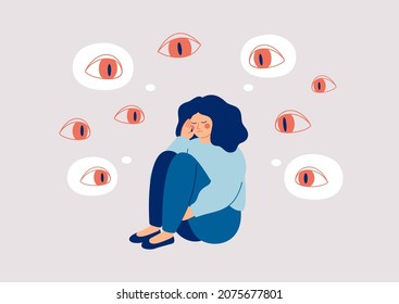 Sad woman surrounded by giant eyes feeling overwhelmed and helpless. Depressed girl suffers from phobias and fears. The psychological concept of mental disorder and paranoia. Vector illustration