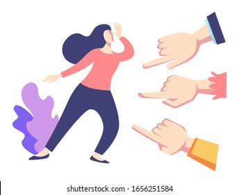 Sad woman surrounded by hands with index fingers pointing at her vector. Public disapproval concept, feminism intolerance or accusation, censure and victim blaming. Social problem and humans community