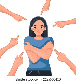 A sad woman surrounded by hands pointing fingers at her. Public censure, alienation, loneliness, accusation, victim position. Vector illustration