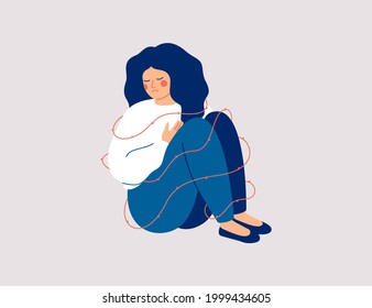 Sad woman surrounding sharp thorns. Lonely Girl has mental health problems and difficulty social acceptance. Concept social rejection and pessimism. Vector illustration