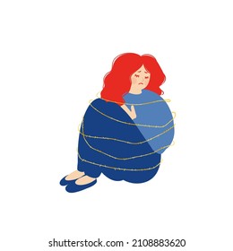 A sad woman surrounding sharp thorns. A single girl has mental health problems and difficulties with social recognition. The concept of social rejection and pessimism. Vector illustration