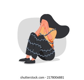 Sad woman surrounding sharp thorns. Lonely Girl has mental health problems and difficulty social acceptance. Concept social rejection and pessimism. Vector illustration. Flagellation, fear, depression