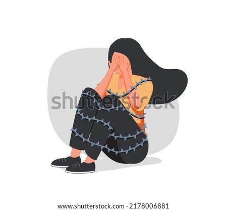 Sad woman surrounding sharp thorns. Lonely Girl has mental health problems and difficulty social acceptance. Concept social rejection and pessimism. Vector illustration. Flagellation, fear, depression