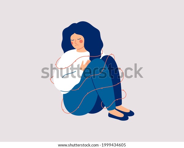Sad woman surrounding\
sharp thorns. Lonely Girl has mental health problems and difficulty\
social acceptance. Concept social rejection and pessimism. Vector\
illustration
