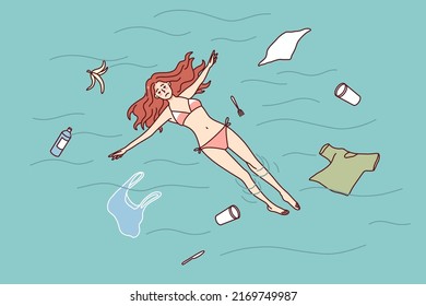 Sad woman swimming in polluted ocean water. Unhappy girl distressed with nature environment pollution. Concept of ecology problems. Flat vector illustration. 