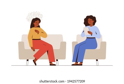 Sad woman talks during a mental therapy session with her psychotherapist or psychologist. Female psychologist has an individual meeting with her patient. Vector illustration