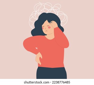 Sad woman with tangled thoughts suffers from stress, depression, anxiety. Anxious girl has confused thinking. Depressed female adolescent has memory problems. Concept of mental health disorder.