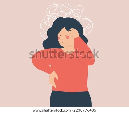 Sad woman with tangled thoughts suffers from stress, depression, anxiety. Anxious girl has confused thinking. Depressed female adolescent has memory problems. Concept of mental health disorder.