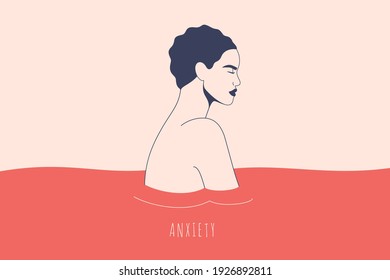 Sad woman that feels anxiety wades in the waving water. Depressed girl with short hair stands in choppy water. Concept of psychological problem, mental illness and violence. Vector illustration.