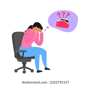 sad woman think about empty wallet no money financial crisis poverty concept vector illustration