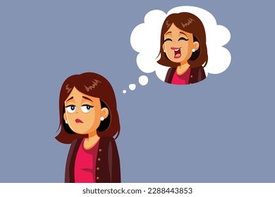 
Sad Woman Thinking About Feeling Happy Again Vector Cartoon. Lady trying to cheer up thinking f jokes and good memories
