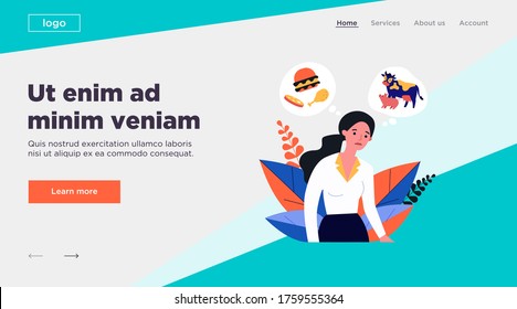 Sad woman thinking about meat and animals. Vegan, cow, burger flat vector illustration. Vegetarianism and nutrition concept for banner, website design or landing web page