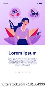 Sad woman thinking about meat and animals. Vegan, cow, burger flat vector illustration. Vegetarianism and nutrition concept for banner, website design or landing web page