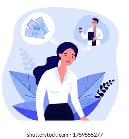 Sad Woman Thinking About Money And Medical Prescription. Doctor, Drug, Payment Flat Vector Illustration. Healthcare And Therapy Concept For Banner, Website Design Or Landing Web Page