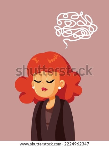 
Sad Woman with Thinking Bubble Vector Cartoon Illustration. Unhappy person showing signs of early dementia and memory loss
