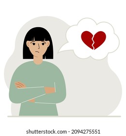 Sad woman thinks about love. In a balloon of thought, a red broken heart. The concept of parting and not shared love. Vector flat illustration