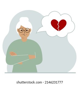 Sad woman thinks about love. In a balloon of thought, a red broken heart. The concept of parting and not shared love. Vector flat illustration