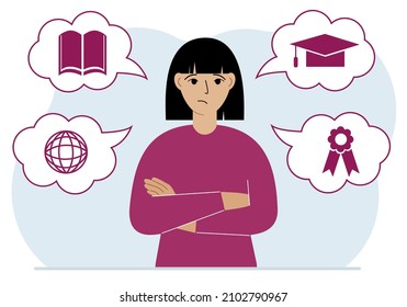 Sad woman with thoughts about learning. Internet profession, higher education, stock exchange, financial literacy. Various icons about education. Vector flat illustration