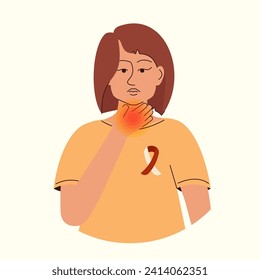 Sad woman with thyroid gland disease. Throat cancer illustration female character.