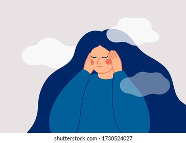 The sad woman touches her temples with her hands and suffers from a headache. A depressed girl suffers from temporary memory loss and confusion. Vector illustration