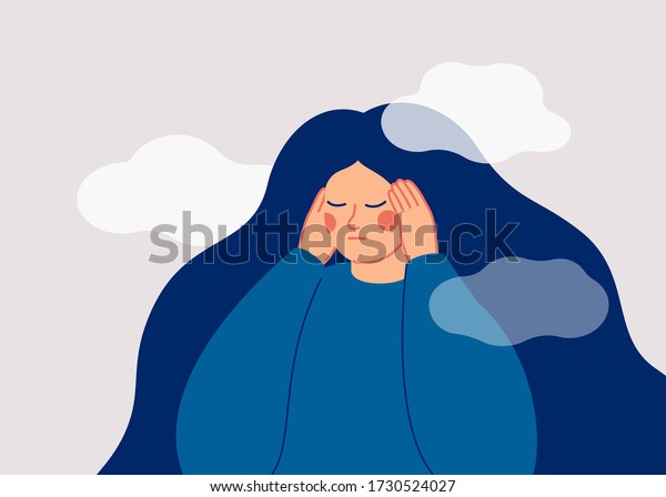 The sad woman touches her\
temples with her hands and suffers from a headache. A depressed\
girl suffers from temporary memory loss and confusion. Vector\
illustration