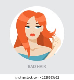 Sad woman touching bad dirty hair. Beautiful girl. Person with hair problem. Isolated vector illustration in cartoon style