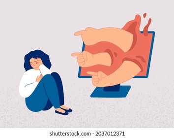 Sad woman turns away, covers her face with her hand from hands pointing at her from computer screen. Peers engage in bullying behavior towards girl. Cyberbullying concept, bad influence on internet. 