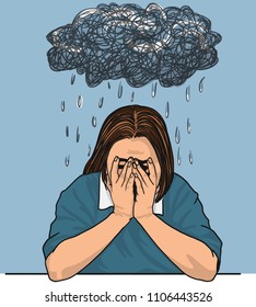 Sad woman under a cloud, young man Hands Covering Face on blue background.