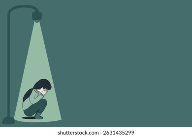 Sad Woman Under Streetlight at Night, Conceptual Illustration for Depression, Loneliness, Anxiety, Mental Health Awareness