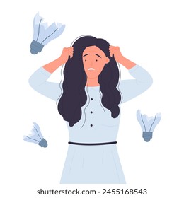 Sad woman upset because of broken dark light bulbs, bad business idea vector illustration