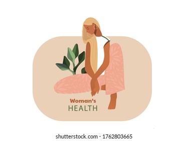 Sad Woman. Urinary Incontinence, Cystitis, Involuntary Urination Woman Vector Illustration. Bladder Problems. Menopause, Women's Health, Genital Infection, Hygiene. Female Problems