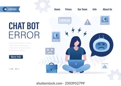 Traurige Frau Benutzer kommuniziert mit Sprachassistent oder Chat-Bot. Künstliche Intelligenz macht Fehler, Landing Page Template. Fehler in Bot-Antworten, Programmfehler, Hacker-Angriff auf Server. Vektor
