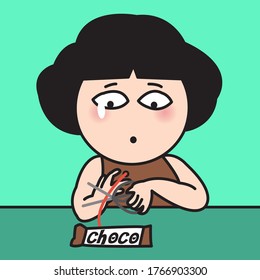 Sad Woman using scissors to cut open her chocolate bar concept. Character Card illustration