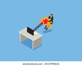  sad woman using social media and being punched by boxing gloves from computer laptop 3d isometric vector illustration