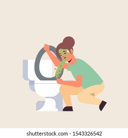 sad woman vomiting in toilet nausea stomach ache food or alcohol poisoning digestive problem concept unhappy girl puking feeling sick flat full length vector illustration
