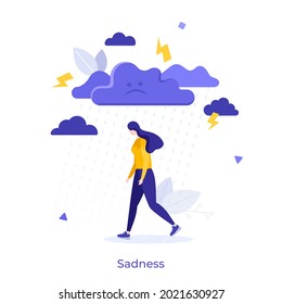 Sad woman walking under rain. Concept of sadness, negative thoughts or emotions, bad mood, depression, stress, feeling of grief, misery, suffering. Modern flat vector illustration for banner, poster.