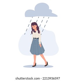 Sad Woman Walking Under The Rain. Overcast Weather. Emotions. Solitude Concept. Vector Illustration 