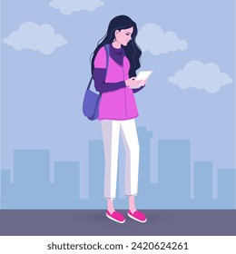 Sad woman walks through the city. Holds paper with documents or letter and bag in his hands. She is victim of violence and seeks social protection, support. Death of loved one. Flat illustration