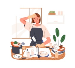 Sad Woman Washing Dishes, Tired With Household Chores, Housework. Exhausted Unhappy Female Housewife Doing Dishwashing, Washup At Home Kitchen. Flat Vector Illustration Isolated On White Background