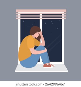 Sad woman at the window. Girl sitting at the window and crying. Loneliness, disappointment and depression. Negative feelings and emotions. flat vector illustration